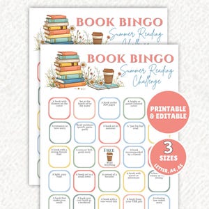 May include: Two printable "Book Bingo" sheets with a summer reading challenge theme. The sheets feature a stack of books, a coffee cup, and bingo squares with reading prompts. The text "Book Bingo" and "Summer Reading Challenge" are displayed.