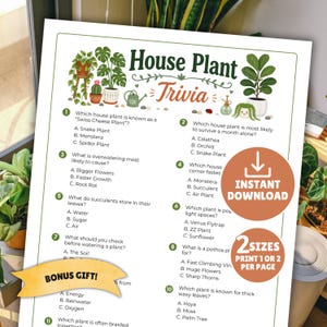 Peut inclure: Un jeu de trivia imprimable sur les plantes d'intérieur, avec des illustrations de diverses plantes. Le jeu comprend des questions à choix multiples sur l'entretien et l'identification des plantes, avec une offre de cadeau bonus. Le design est vert et blanc.