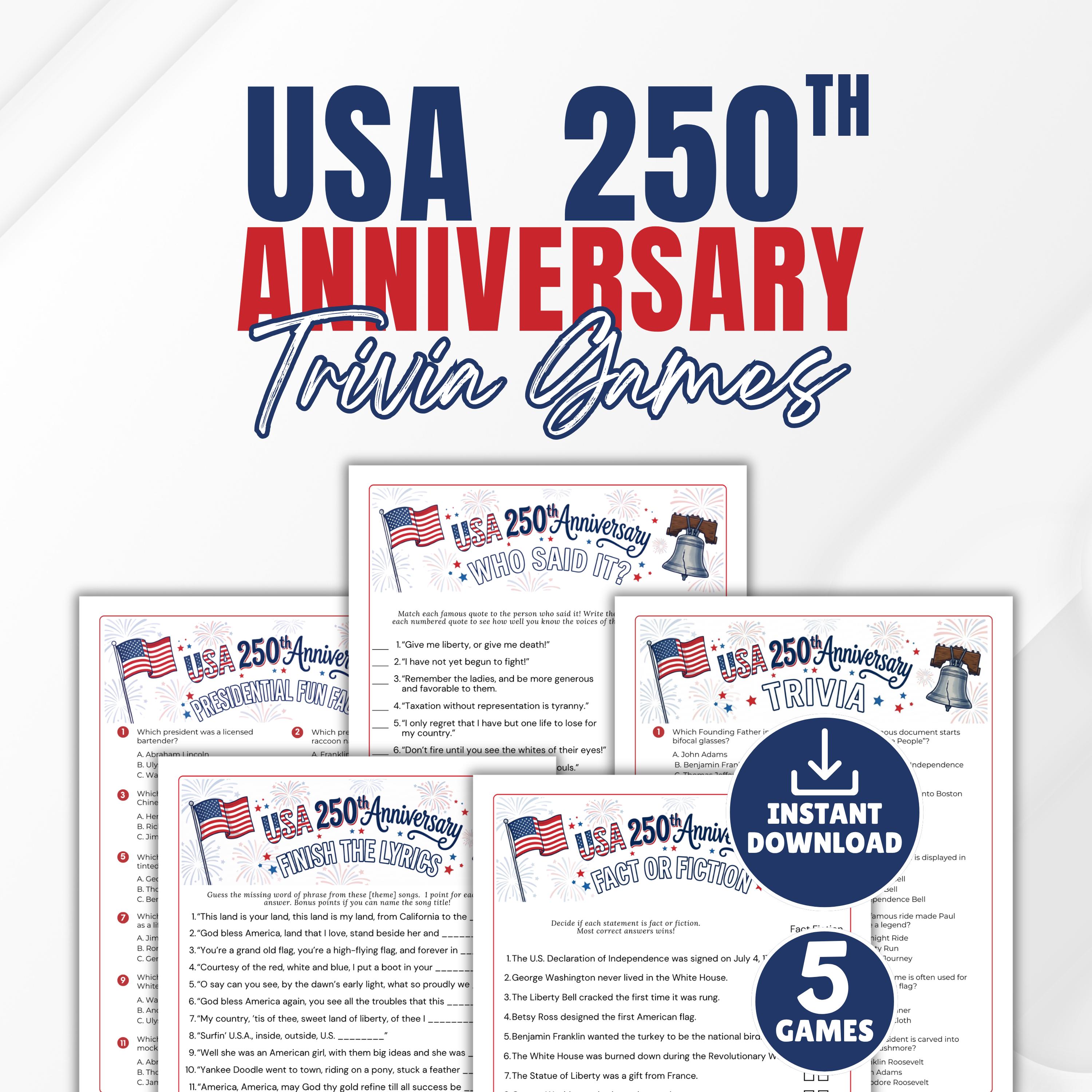 USA 250th Anniversary Trivia Bundle, Patriotic Party Games, Fourth of ...
