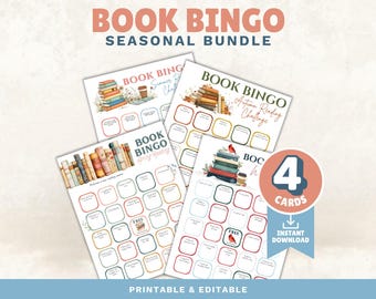 Seasonal Book Bingo Bundle, Printable Reading Challenge Tracker for Book Lovers, Book Club Game, TBR Organizer, Editable Canva Cards