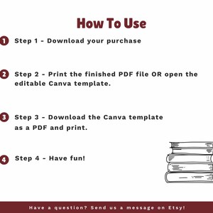 May include: White background with instructions titled "How To Use". Steps include downloading, printing a PDF, and having fun. A stack of books is illustrated in the bottom right corner. The text "Have a question? Send us a message on Etsy!" is at the bottom.