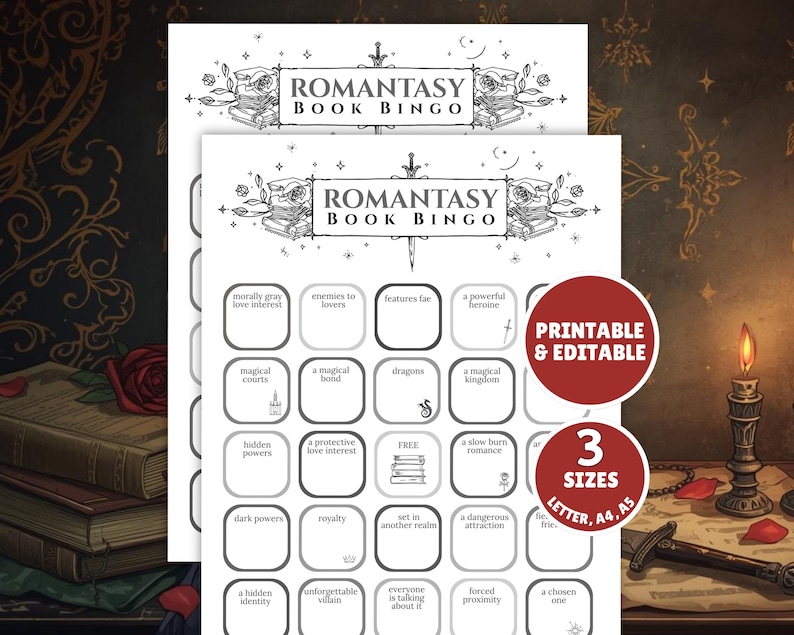 May include: Two sheets of black and white Romantasy Book Bingo cards. The top of each card reads "Romantasy Book Bingo" above a stack of books. The bingo cards have a grid of squares with phrases like "enemies to lovers" and "magical courts". A red circle says "Printable & Editable".