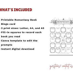 May include: A printable Romantasy Book Bingo card with fill-in squares. The image includes the text "WHAT'S INCLUDED" and "ROMANTASY BOOK BINGO". The card is available in Letter, A4, and A5 print sizes, and is an instant digital download.