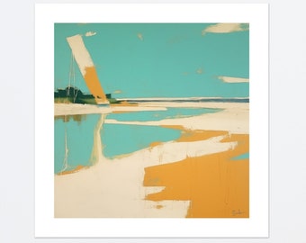 Sail at Daybreak: Abstract Expressionist Vision - Warm Sunrise Tones on Cool Aquamarine Seascape