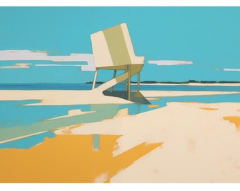 Lifeguard's Respite: Abstract Ode to Seaside Vigilance - Sun-Kissed Shores and Azure Reflections Art Print