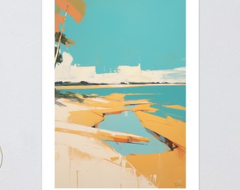 Tropical Mirage: Sun-Drenched Shores Abstract Art Print - A Vivid Landscape in Citrus and Aqua Tones, Abstract Wall Art Print