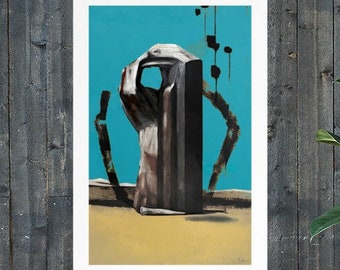 Solitary Monolith Abstract Expressionist Art Print - Enigmatic Form with a Void, Striking Contrast Against Azure Sky