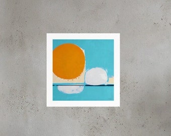 Sun & Moon Abstract Expressionist Art Print - Striking Orange and White on Turquoise Background, Bold Modern Home Decor