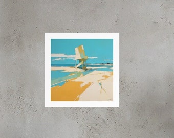 Abstract Expressionist Lifeguard Stand Art Print - Minimalist Coastal Scene in Sunny Yellow & Sky Blue, Modern Beach Decor