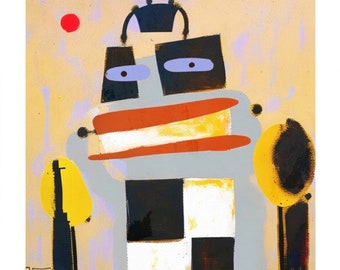 Whimsical Robot Abstract Expressionist Art Print - Quirky Modern Decor, Bold Geometric Shapes in Playful Palette Wall Art