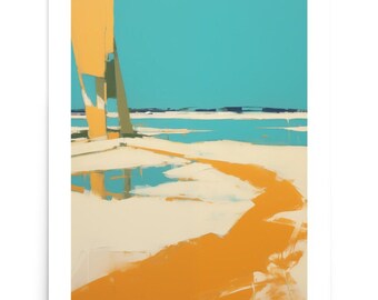 Golden Reflections on Turquoise - Abstract Expressionist Art Print, Tropical Serenity for Modern Home and Office Decor