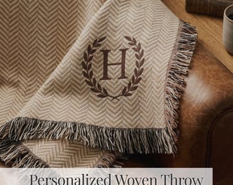 Personalized Blanket Gift Men Housewarming Hostess Present Custom Monogram Woven Throw Cozy Chevron Pattern Earthy Wreath Design Neutral