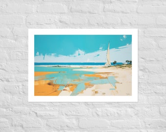 Azure Horizon & Golden Sands: Abstract Sailboat Coastal Landscape Art Print
