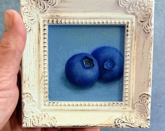 Mini Blueberry Oil Painting 3x3 Framed Original Art Small Kitchen or Desk Decor Unique Gift for Foodie Gardener or Hostess Present for Mom