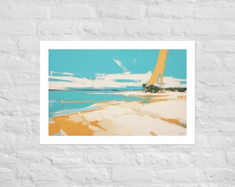 Sunny Seashore Resonance: Vibrant Sailboat Reflecting on Tranquil Waters Abstract Art Print