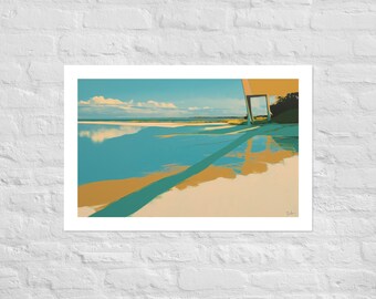Serenity Shores: Abstract Expressionist Art Print, Perfect for Beach House Decor, Warm Yellow and Cool Aqua Tones, 24x36 & 12x18 sizes