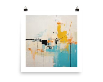 Vibrant Blue, Orange, White Abstract Expressionist Landscape - Perfect Art Print for Modern Beach & Vacation Home Wall Decor