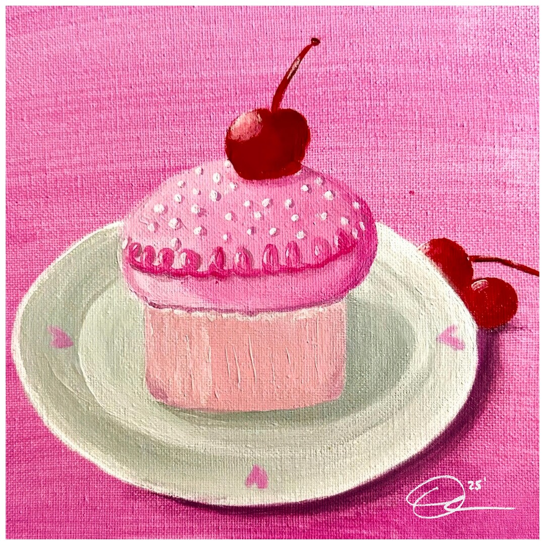 Cute Pink Cupcake Poster, Cherry Topped Cake Wall Art, Kids Room Decor ...