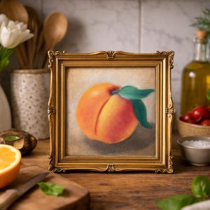 May include: A framed artwork featuring a realistic peach with a green leaf. The peach is a vibrant orange color, set against a neutral background. The frame is ornate, gold-colored, and square. The artwork is displayed on a wooden surface.