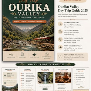 Pode incluir: Um guia de viagem digital para uma excursão de um dia ao vale de Ourika nas montanhas do Atlas, Marrocos. A capa apresenta uma paisagem montanhosa com um rio, enquanto a parte inferior detalha um itinerário e dicas de viagem.