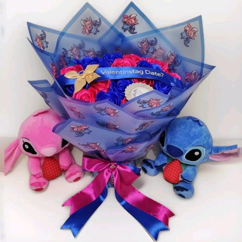 Stitch Eternal Roses Plush Stitch and Angel, Eternal Rose Bouquet, Plush Toy Bouquet ...