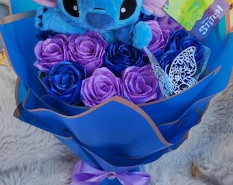 Stitch Plüsch & Glitzer Rosen , Ewiger Rosenstrauß, handgemacht aus Satin, Geschenk für Geburtstag, Jahrestag, Bouquet für Abschlussfeier