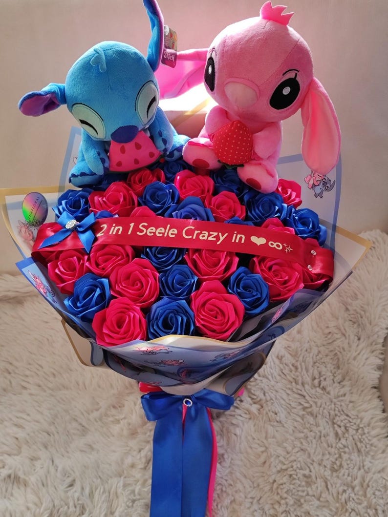 Stitch Eternal Roses Plush Stitch and Angel, Eternal Rose Bouquet, Plush Toy Bouquet ...
