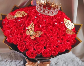 100 Eeuwige Rozen Cadeau voor Vrouwen met Kroon, voor Valentijnsdag, Koninginnenboeket, Satijnen Lint, Verjaardagsboeket, Verloving, Afstuderen