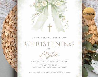Plantilla de invitación de bautizo verde salvia, invitación de bautizo con lazo floral, invitación de bautizo editable, elegante invitación de bautizo cristiana