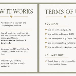 May include: A beige and white graphic with text detailing the terms of use and how to access digital files after purchase. The text includes instructions on downloading files and permitted uses, such as commercial projects and templates.