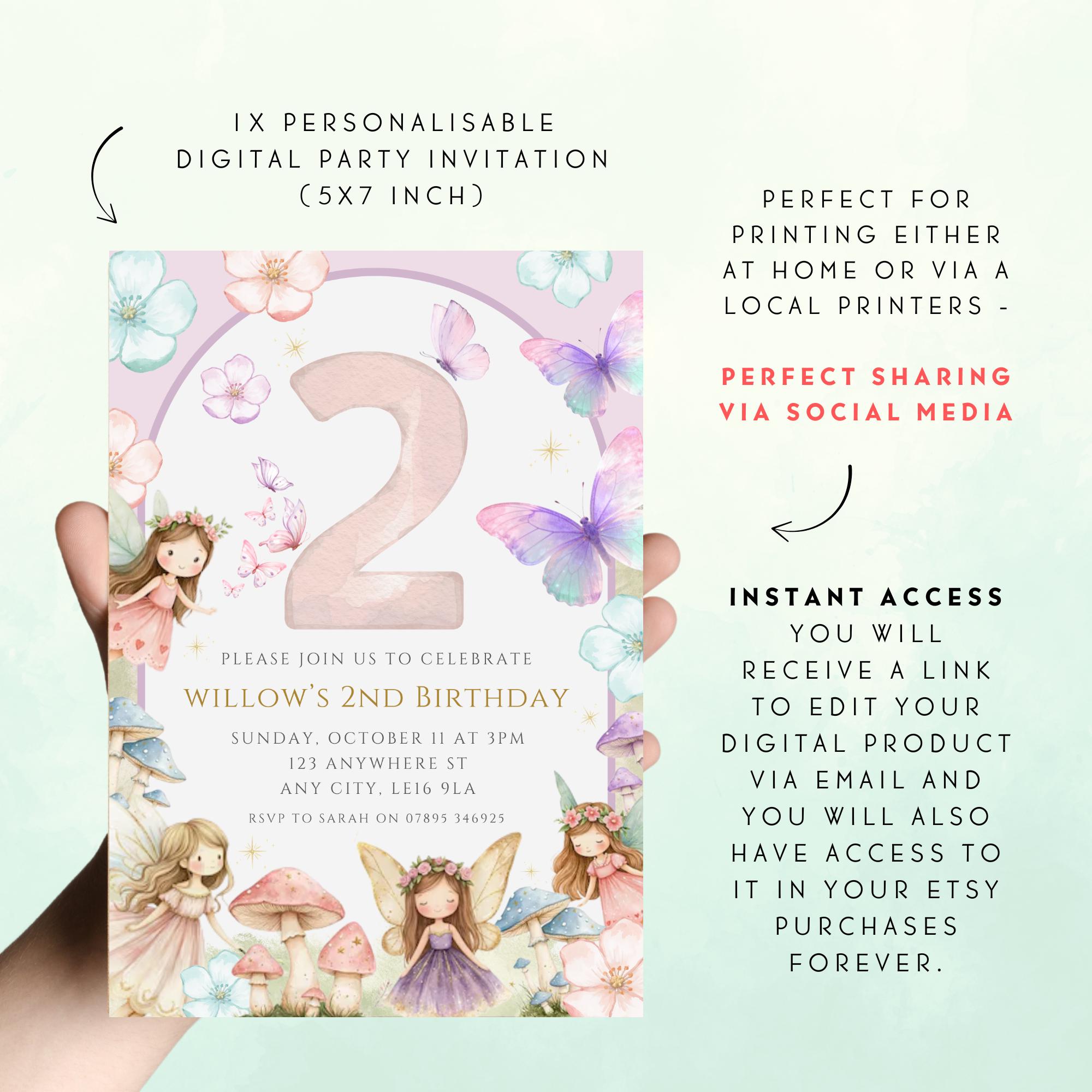 EDITABLE Floral Fairy 2nd Birthday Invitation - Enchanted Garden Second ...