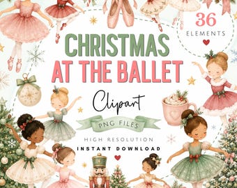 Imágenes prediseñadas navideñas clásicas en el ballet - Bailarina navideña en acuarela PNG - Lindas ilustraciones navideñas - Imágenes digitales navideñas de bailarines