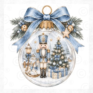 May include: A round glass Christmas bauble featuring a blue nutcracker, a rocking horse, a decorated tree, and wrapped gifts inside. The bauble is topped with a large blue bow, pine branches, gold bells, and a star, all in a watercolour style.