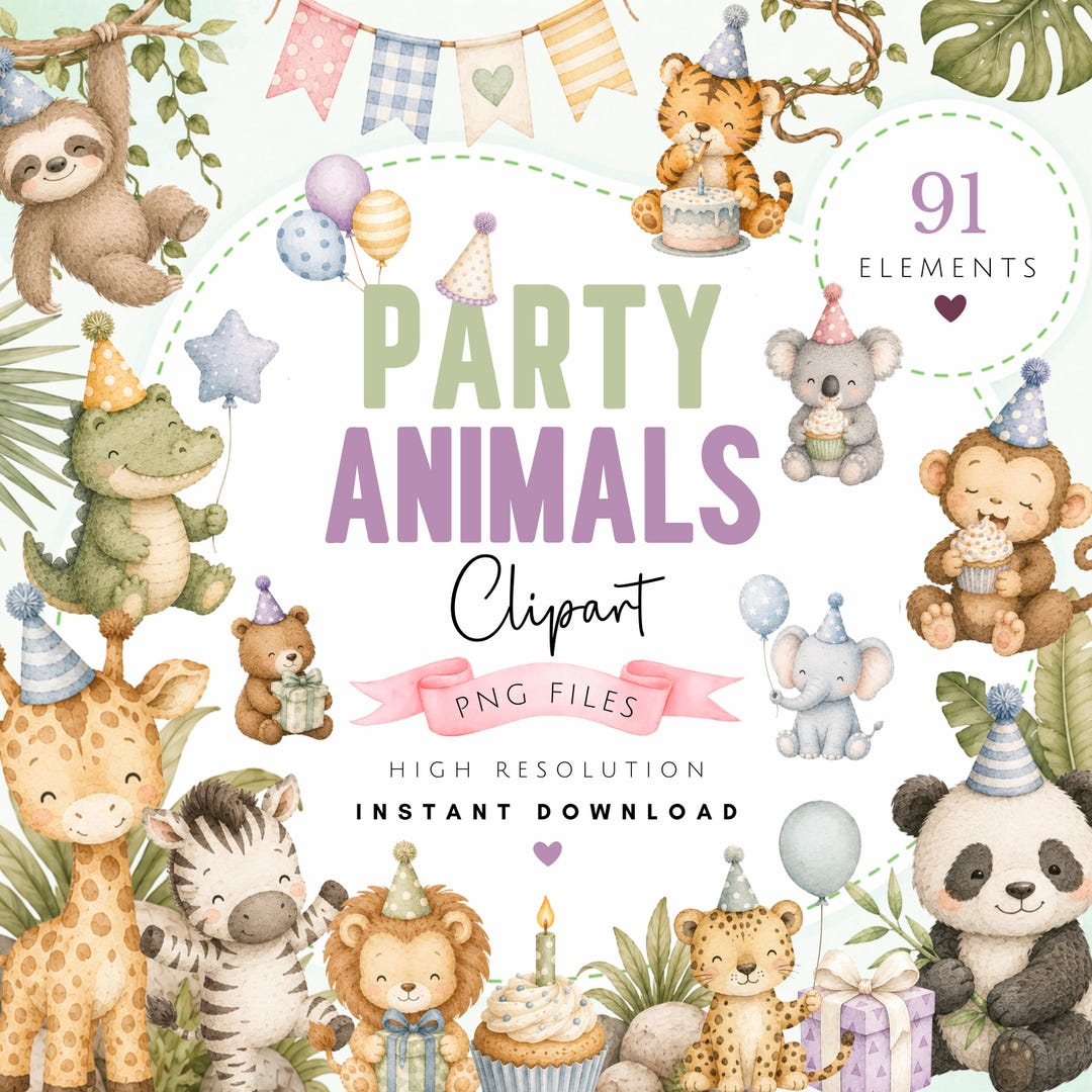 Watercolor Party Animals Clipart Bundle - Cute Birthday Safari Animals ...