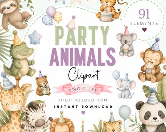 Paquete de imágenes prediseñadas de animales de fiesta en acuarela - Lindos animales de safari para cumpleaños en formato PNG - Descarga digital de acceso instantáneo para cumpleaños en la jungla