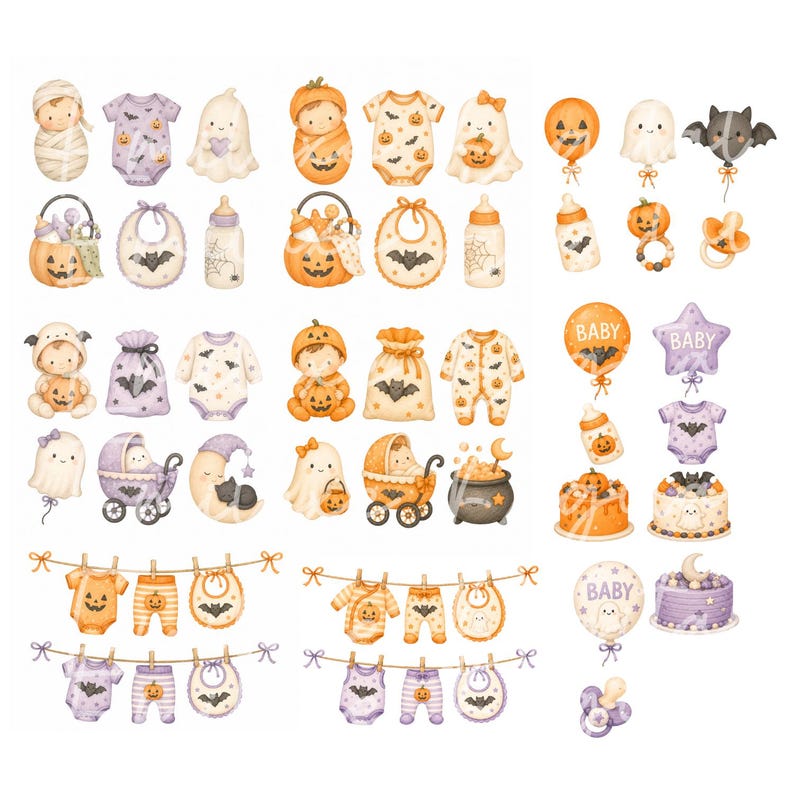 May include: Watercolor illustrations of Halloween-themed baby items. The image includes baby clothes, bibs, bottles, balloons, and cakes, all decorated with pumpkins, bats, and ghosts. The color palette features orange, purple, and white.