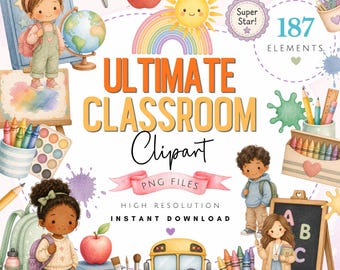 Imágenes prediseñadas escolares en tonos pastel - Imágenes prediseñadas para maestros - Gráficos de regreso a clases - Primer día - Ilustraciones educativas - Material escolar PNG - Aula