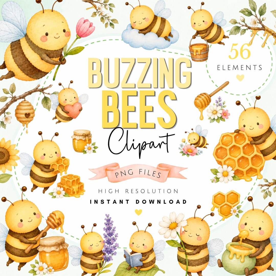 Watercolor Bee Clipart Bundle - Cute Buzzy Bee PNG Art - Cute Floral ...