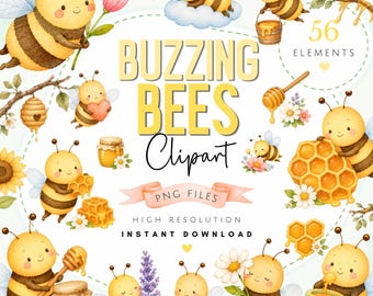 Paquete de imágenes prediseñadas de abejas en acuarela - Arte PNG de abejas zumbadoras y adorables - Descarga digital de acceso instantáneo de abejas florales y adorables