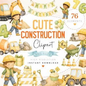 Può includere: Set di clipart ad acquerello a tema costruzione. Include illustrazioni di veicoli da costruzione, operai, decorazioni per compleanni e il testo "CUTE CONSTRUCTION Clipart". Il set contiene 76 elementi ed è disponibile come file PNG.