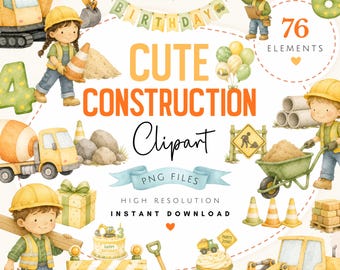 Watercolor Construction Clipart Bundle - Cute Builder Birthday PNG Art - Instant Access Trucks & Diggers PNGs Digital Download