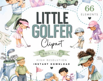 Paquete de imágenes prediseñadas de pequeños golfistas en acuarela - Arte PNG de deportes de golf adorables - Descarga digital de cumpleaños para bebés golfistas