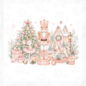 May include: A watercolour illustration featuring a pink nutcracker standing centrally, flanked by a decorated Christmas tree with a mouse ballerina, a small house, a rocking horse, wrapped gifts, and a street lamp, all in soft pastel tones.