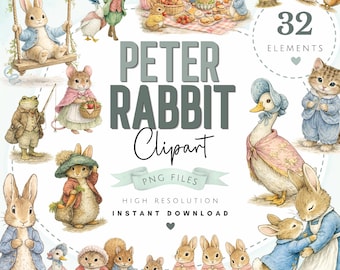 Imágenes prediseñadas de Peter Rabbit y sus amigos - Conejo en acuarela de Beatrix Potter PNG - Lindas ilustraciones de conejitos - Imágenes de arte para la habitación del bebé