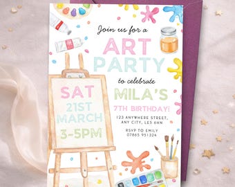 Invitación a fiesta de arte, invitación de cumpleaños infantil con temática de pintura, fiesta temática de arte en acuarela, invitación imprimible para fiesta de manualidades, fiesta de arte personalizada