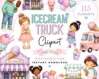 Paquete de imágenes prediseñadas de helados en acuarela - Lindo arte PNG de heladería en tonos pastel - Imágenes de fiesta de cumpleaños para niña - Descarga digital