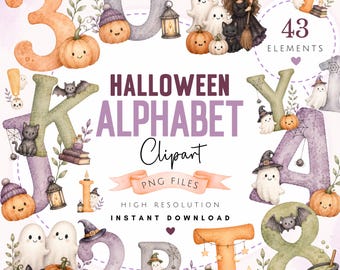 Watercolor Halloween Clipart Bundle - Cute Spooky Fright Night PNG Art - All Hallows Eve Pictures - Alphabet - Numbers - Witches - Pumpkins