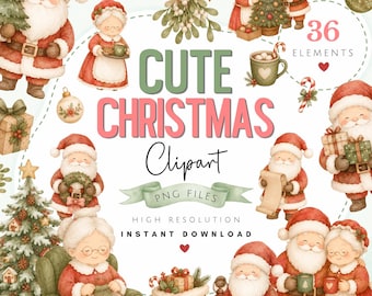 Lindos cliparts navideños de Papá Noel - Acuarela navideña de la Sra. Claus PNG - Lindas ilustraciones navideñas - Acogedoras imágenes PNG de Papá Noel navideño