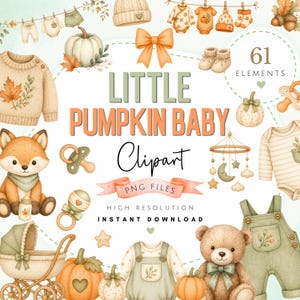 Aquarel herfst baby clipartbundel - schattige herfst babyshower PNG-kunst - directe toegang tot nieuwe babyfoto's - digitale download baby Halloween