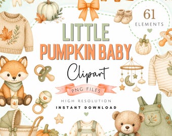 Watercolor Fall Baby Clipart Bundle - Cute Fall Baby Shower PNG Art - Instant Access New Baby Pictures - Halloween Baby Digital Download